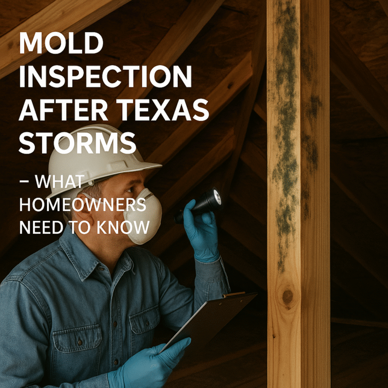 Mold inspector in protective gear examining water-damaged attic beams for mold growth after Texas storms