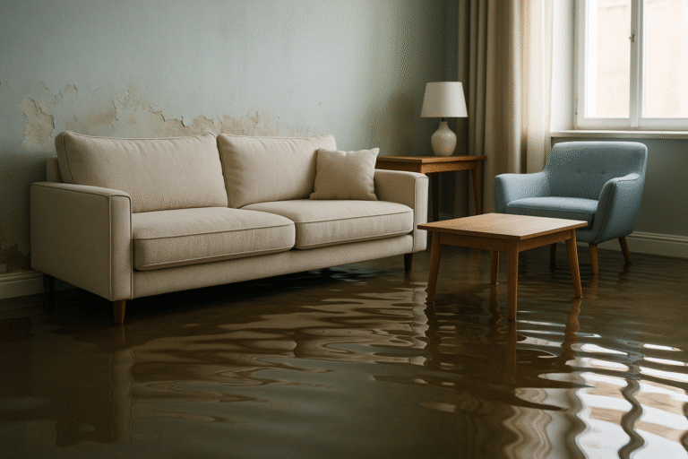 Flooded living room with standing water damaging furniture and walls in a Texas home