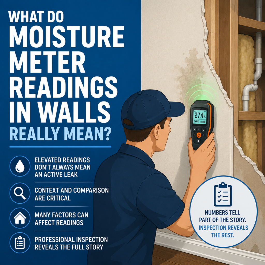Flat vector illustration of an inspector using a moisture meter on an interior wall with moisture readings displayed.