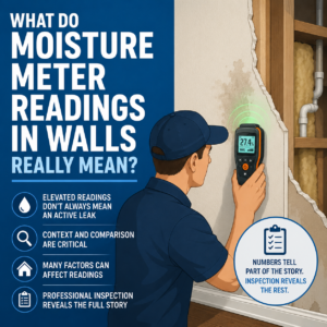 Flat vector illustration of an inspector using a moisture meter on an interior wall with moisture readings displayed.
