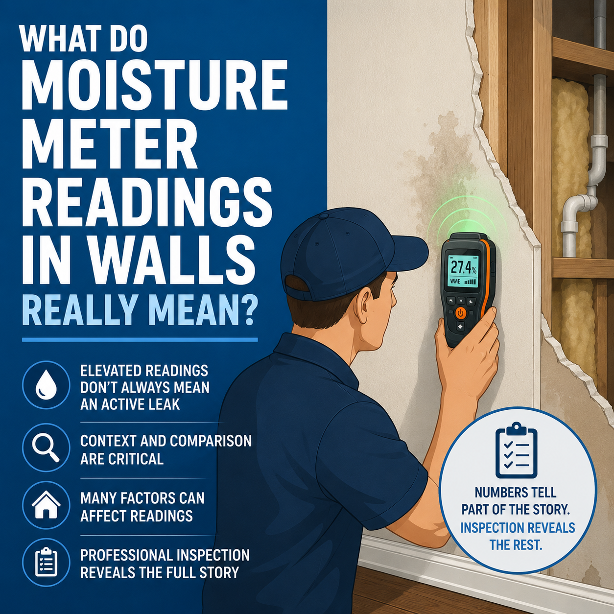 Flat vector illustration of an inspector using a moisture meter on an interior wall with moisture readings displayed.
