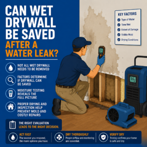 Flat vector illustration of an inspector testing a wet drywall wall with a moisture meter after a water leak.