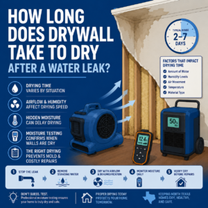 Flat vector illustration of a wall drying after a water leak with a moisture meter showing progress.