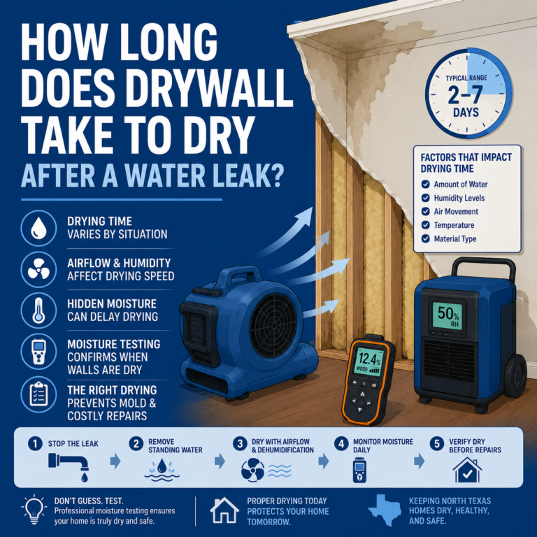 Flat vector illustration of a wall drying after a water leak with a moisture meter showing progress.
