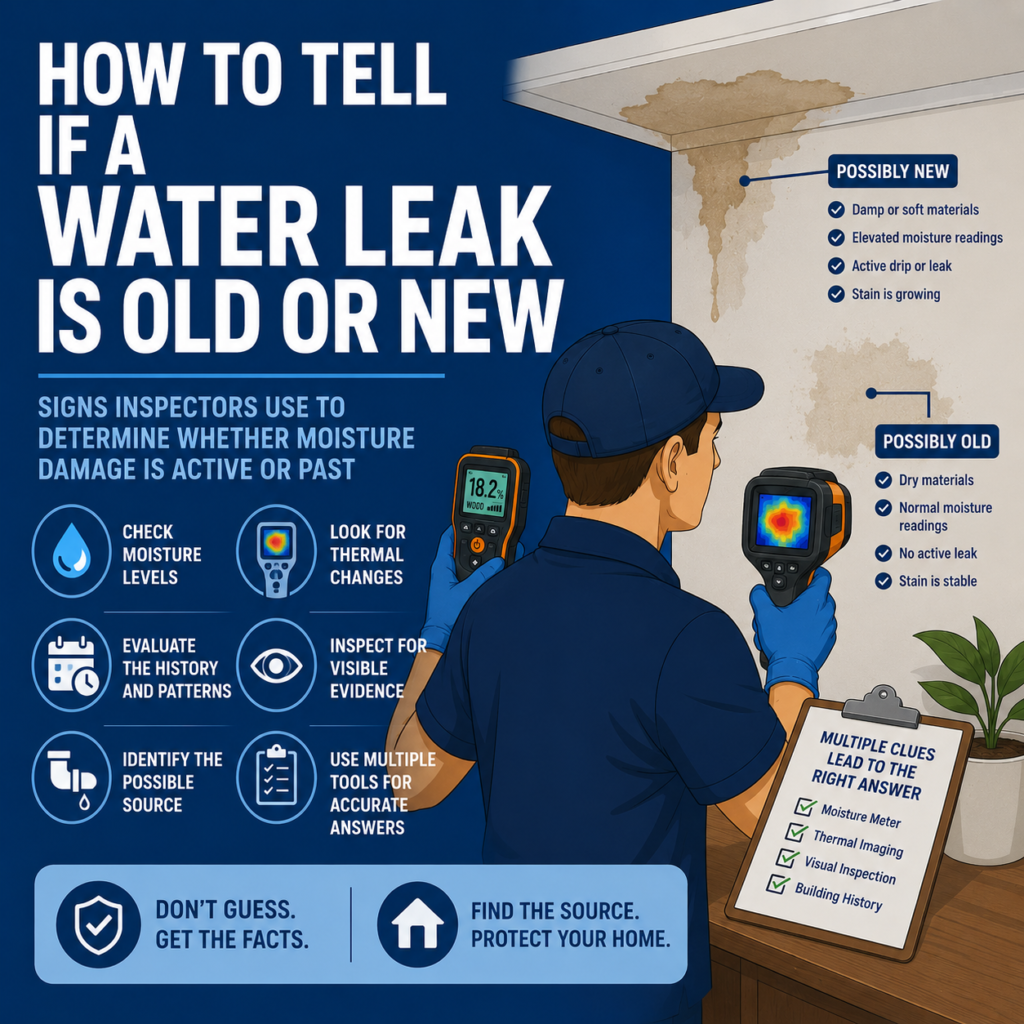 Flat vector illustration of an inspector evaluating water stains on a wall using a moisture meter and thermal camera.