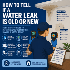 Flat vector illustration of an inspector evaluating water stains on a wall using a moisture meter and thermal camera.