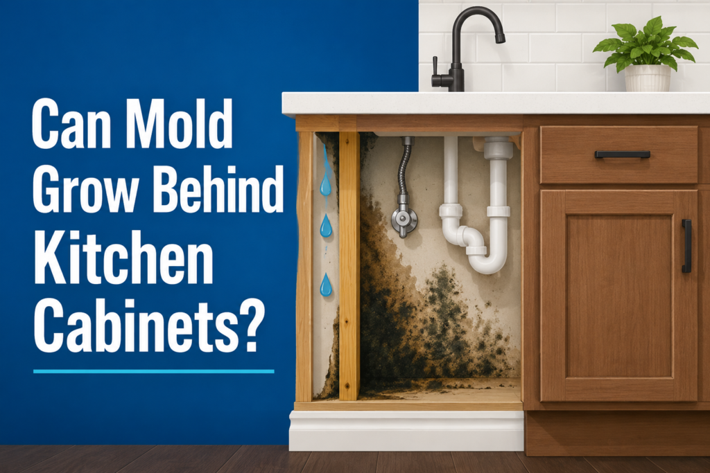 Flat vector illustration of kitchen cabinets with hidden moisture behind the wall, blue background with white headline reading "Can Mold Grow Behind Kitchen Cabinets?"