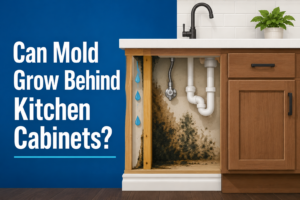 Flat vector illustration of kitchen cabinets with hidden moisture behind the wall, blue background with white headline reading "Can Mold Grow Behind Kitchen Cabinets?"