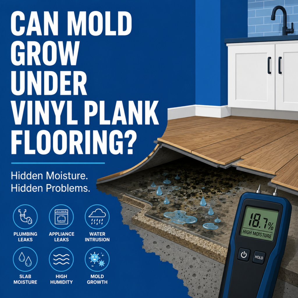 Flat vector illustration of vinyl plank flooring lifted above a damp concrete slab, with a moisture meter and white headline on a blue background.