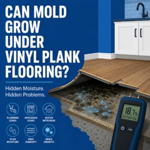 Flat vector illustration of vinyl plank flooring lifted above a damp concrete slab, with a moisture meter and white headline on a blue background.