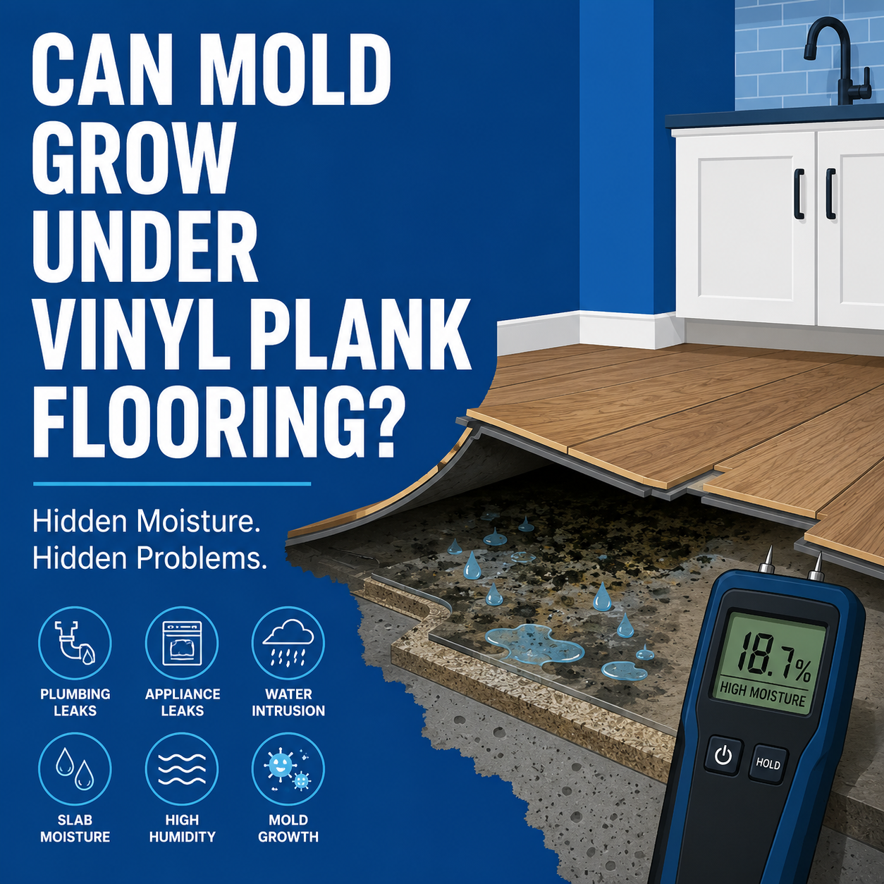 Flat vector illustration of vinyl plank flooring lifted above a damp concrete slab, with a moisture meter and white headline on a blue background.