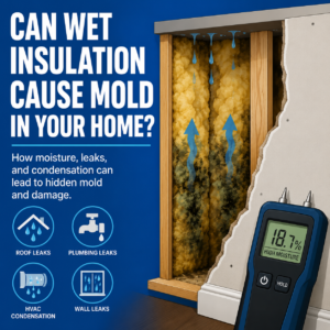 Flat vector illustration of wet insulation inside a wall cavity with a moisture meter and white headline on a blue background.