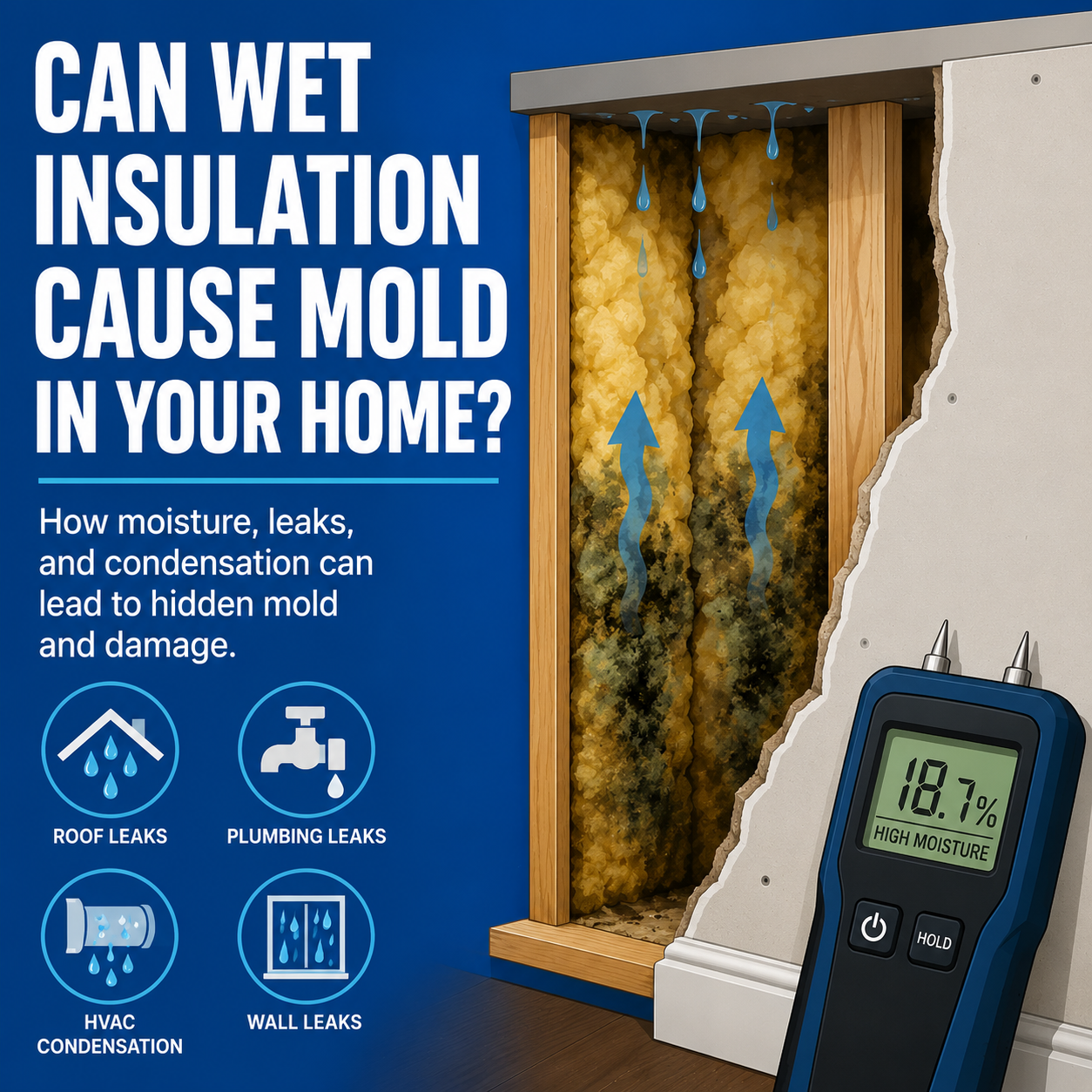 Flat vector illustration of wet insulation inside a wall cavity with a moisture meter and white headline on a blue background.