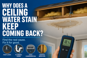 Flat vector illustration of a recurring ceiling water stain below a roof and plumbing leak, with a moisture meter and white headline on a blue background.