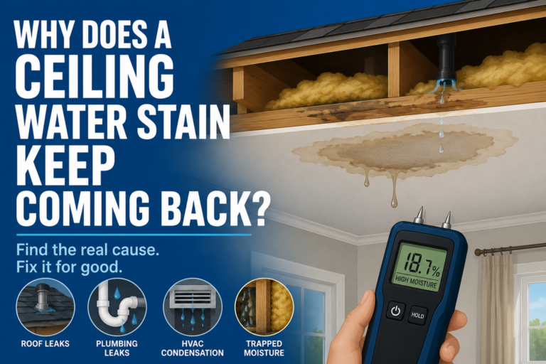 Flat vector illustration of a recurring ceiling water stain below a roof and plumbing leak, with a moisture meter and white headline on a blue background.