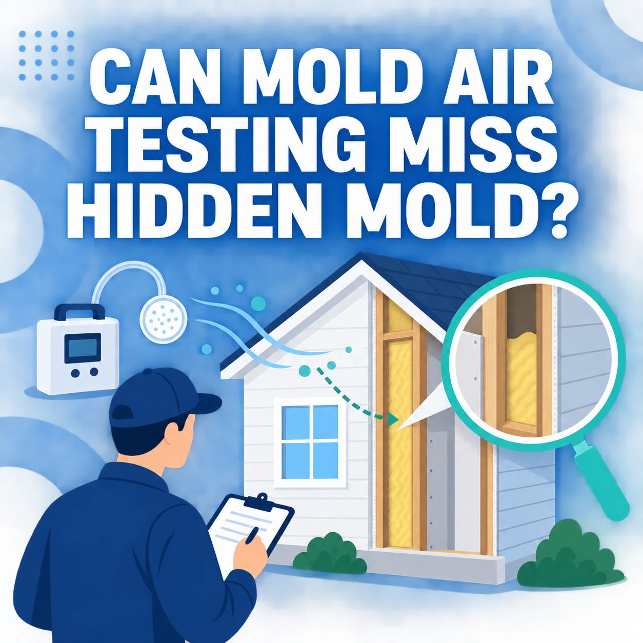Mold inspector evaluating a wall cavity to determine whether air testing can miss hidden mold