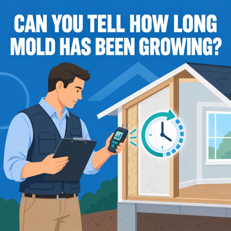 Inspector reviewing moisture evidence to determine how long mold may have been growing in a home