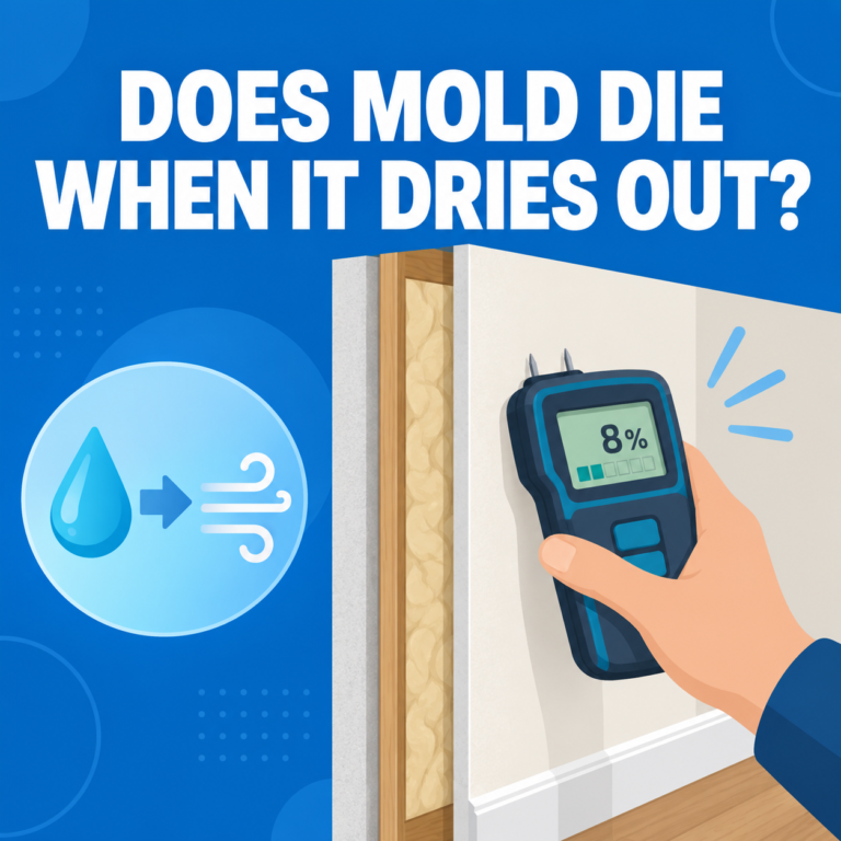 Moisture meter and drying wall illustrating what happens to mold when building materials dry