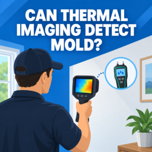 Thermal camera displaying a temperature pattern on a wall during a professional moisture investigation