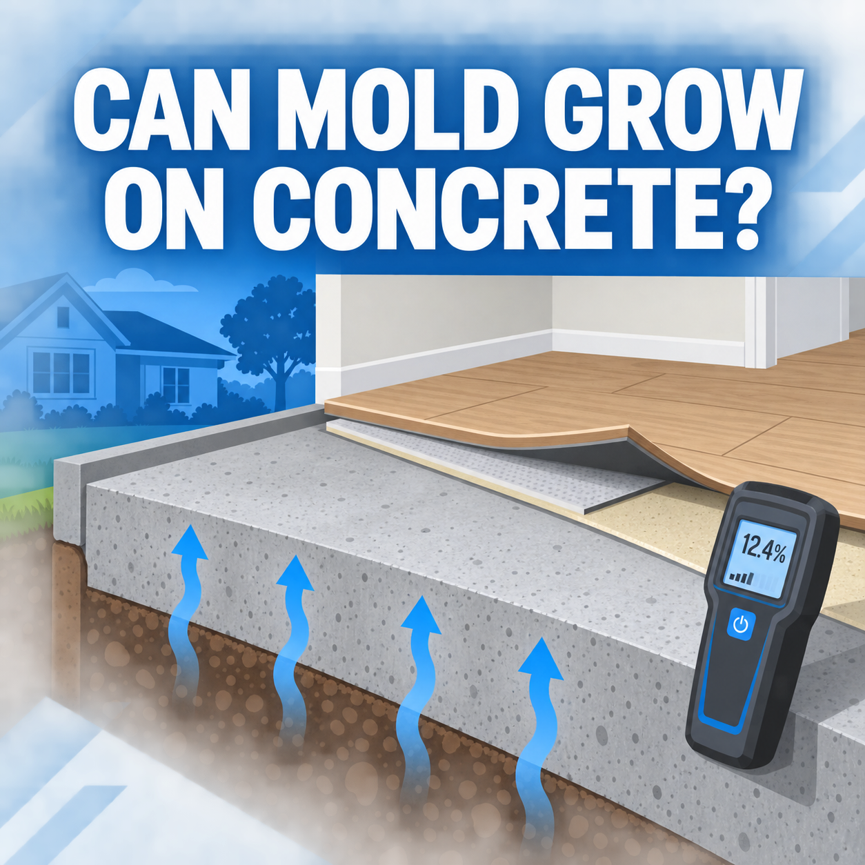 Concrete slab and flooring layers illustrating how moisture can contribute to mold growth around concrete surfaces