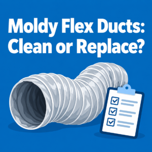 Blue illustration of flexible HVAC ductwork and an inspection clipboard with the headline “Moldy Flex Ducts: Clean or Replace?”