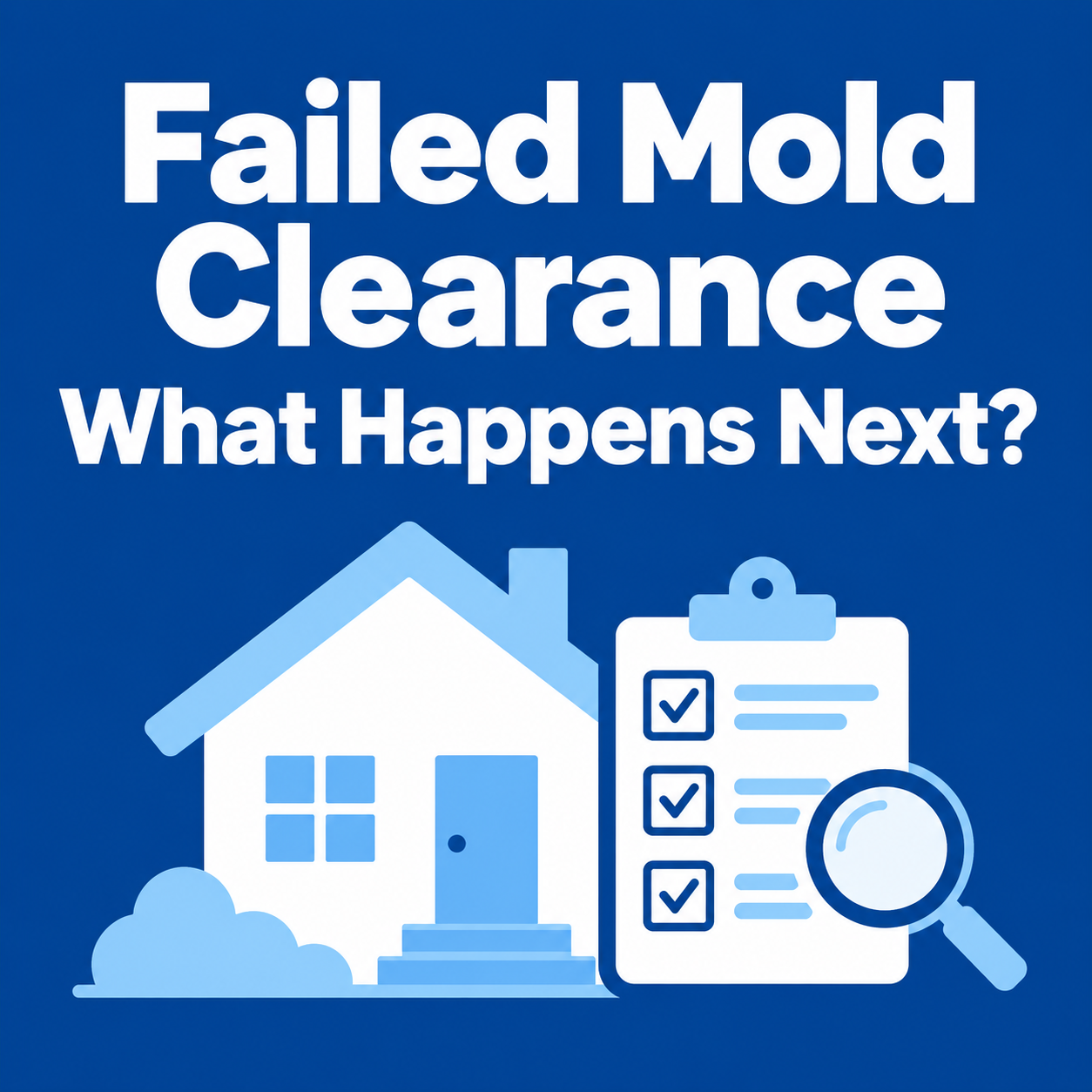 Blue illustration of a house and inspection clipboard with the headline “Failed Mold Clearance: What Happens Next?”