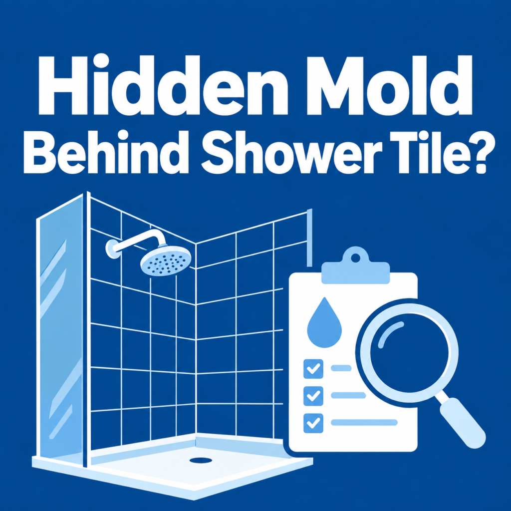 Blue illustration of a tiled shower and moisture inspection clipboard with the headline “Hidden Mold Behind Shower Tile?”